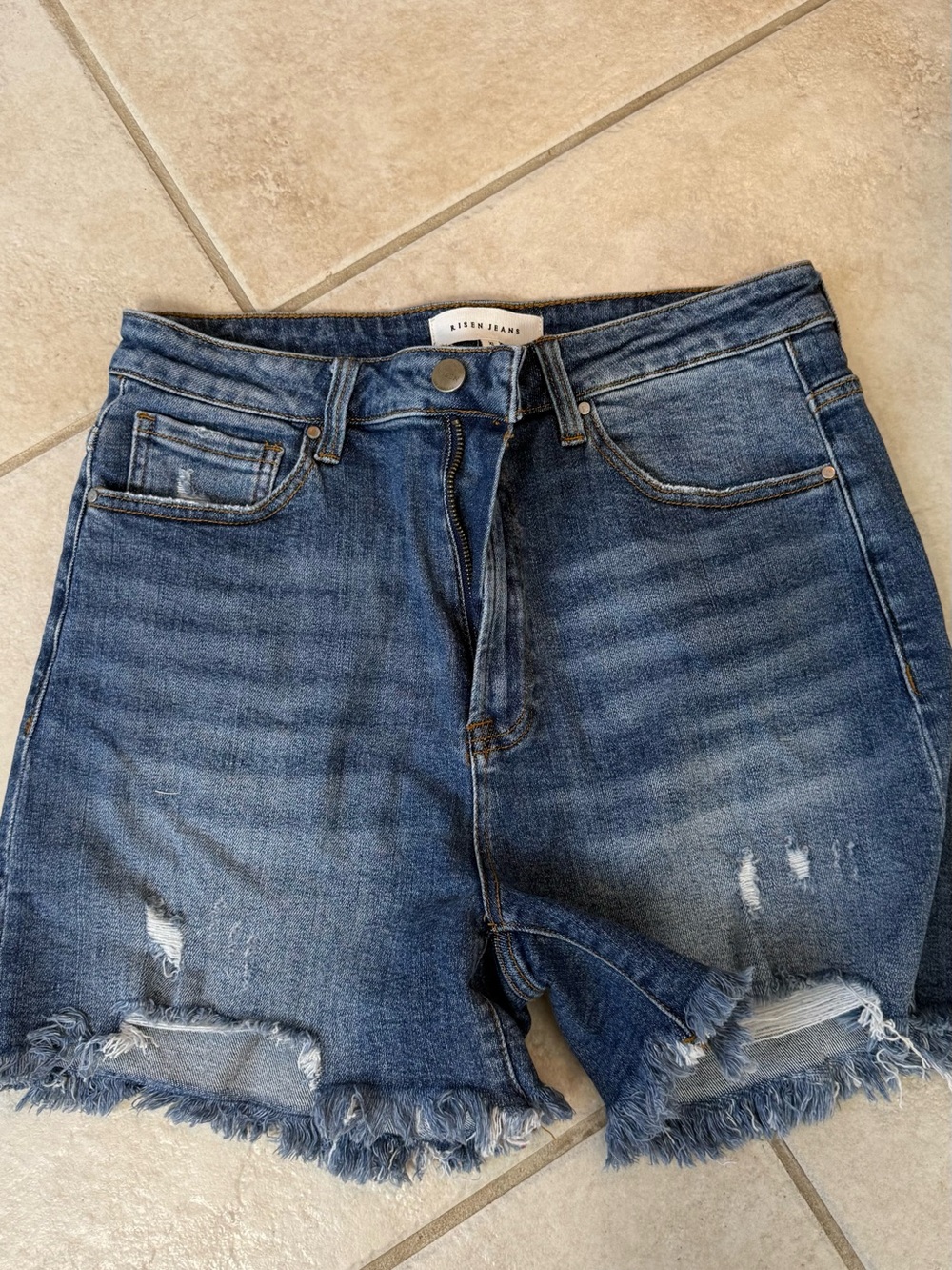High-Rise Distressed Denim Jean Shorts - Blue
